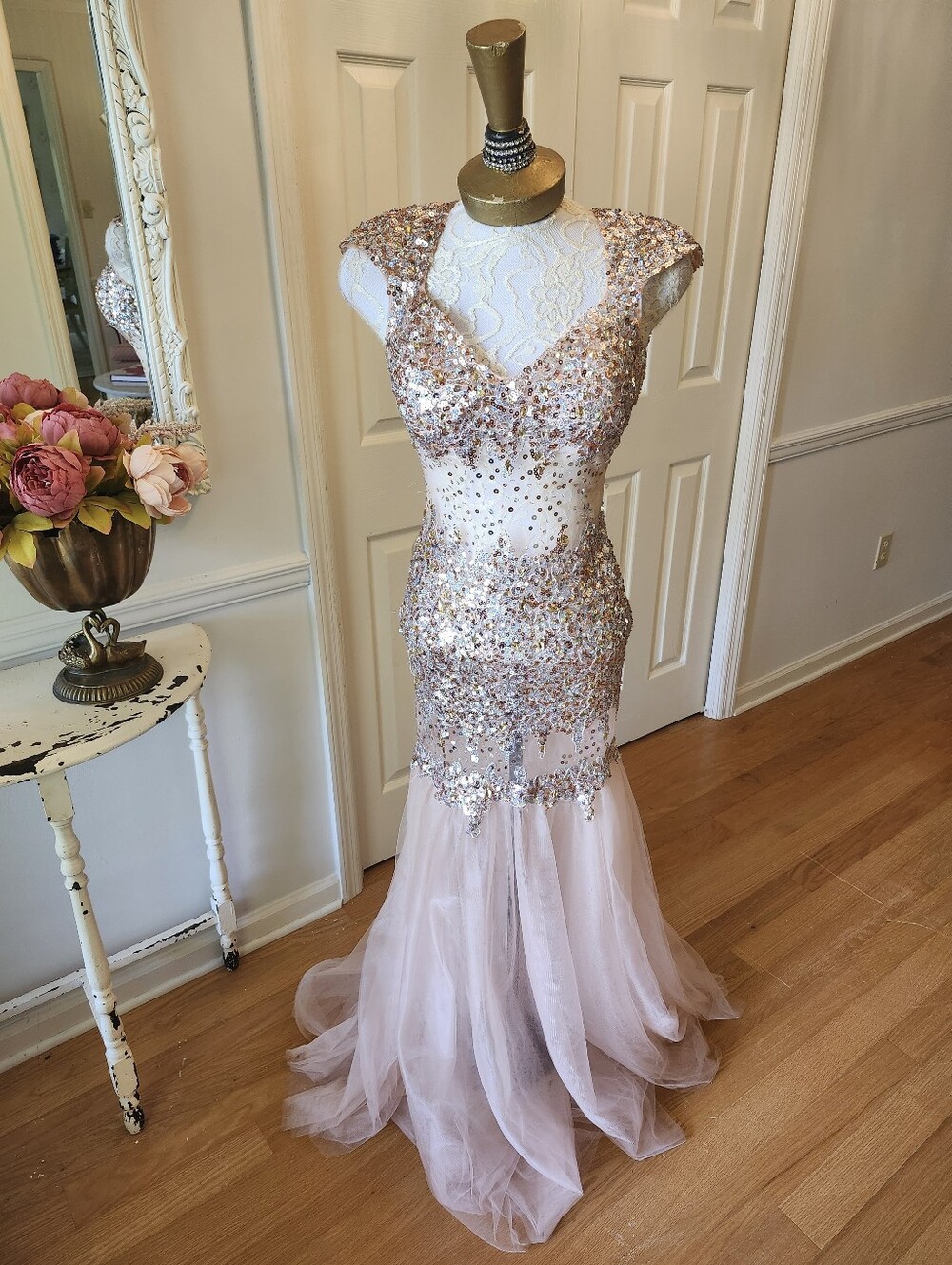 Alyce Paris Rose Gold Sequin Mermaid Open Back Pageant Prom Gown 2010s Size 4